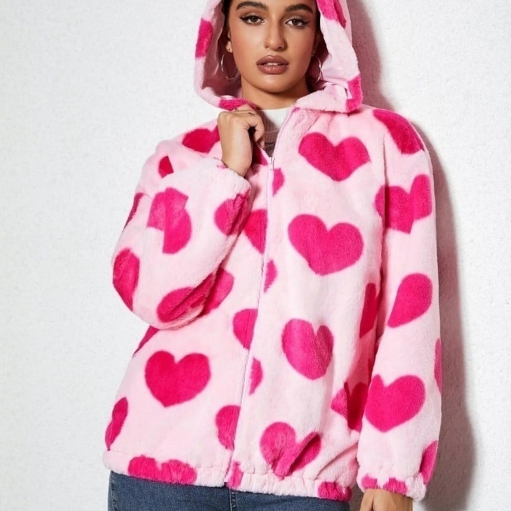 Women’s Plush  Hooded Jacket Size Medium Pink Hearts - Picture 2 of 9